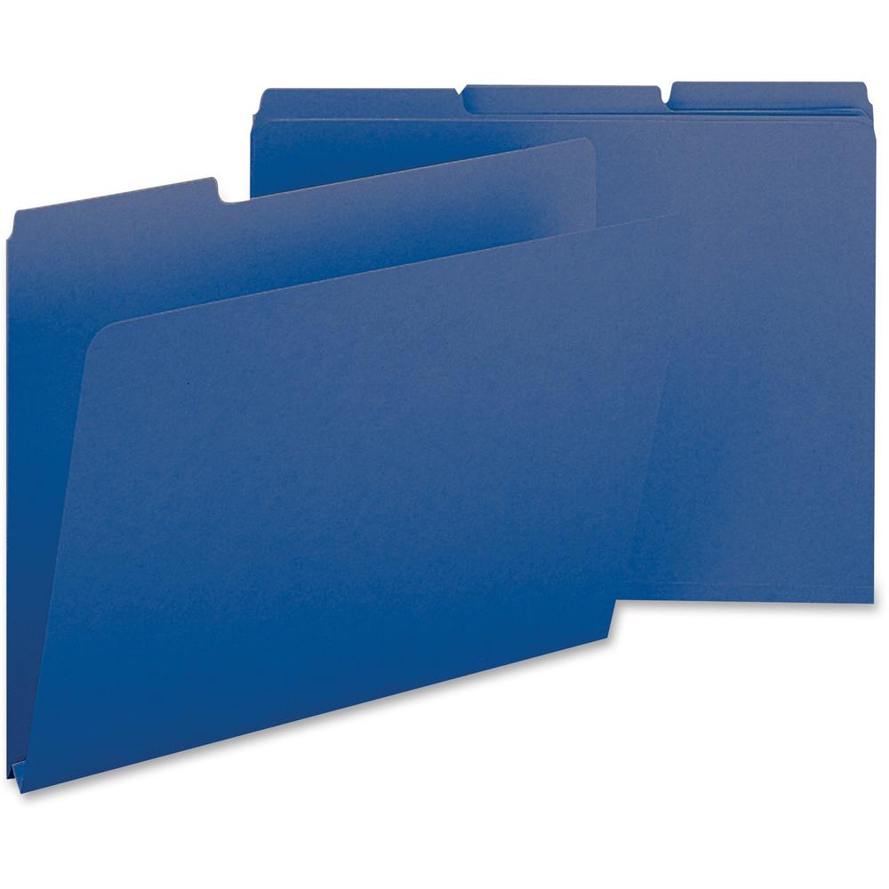 Smead Colored 1/3 Tab Cut Letter Recycled Top Tab File Folder - 8 1/2" x 11" - 1" Expansion - Top Tab Location - Assorted Position Tab Position - Pressboard - Dark Blue - 100% Recycled - 25 / Box. Picture 1
