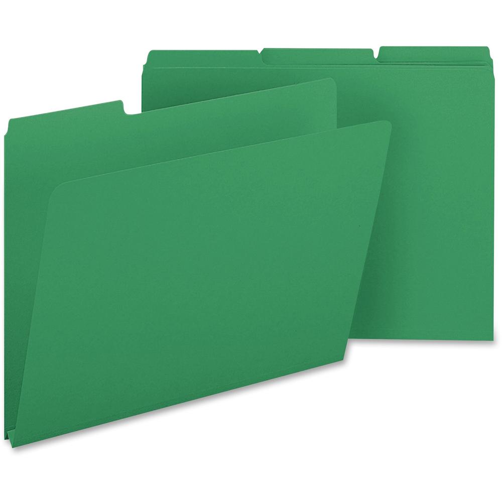 Smead Colored 1/3 Tab Cut Letter Recycled Top Tab File Folder - 8 1/2" x 11" - 1" Expansion - Top Tab Location - Assorted Position Tab Position - Pressboard - Green - 100% Recycled - 25 / Box. Picture 1