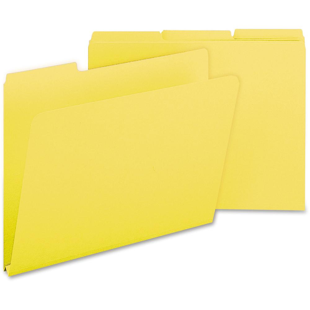 Smead Colored 1/3 Tab Cut Letter Recycled Top Tab File Folder - 8 1/2" x 11" - 1" Expansion - Top Tab Location - Assorted Position Tab Position - Pressboard - Yellow - 100% Recycled - 25 / Box. The main picture.