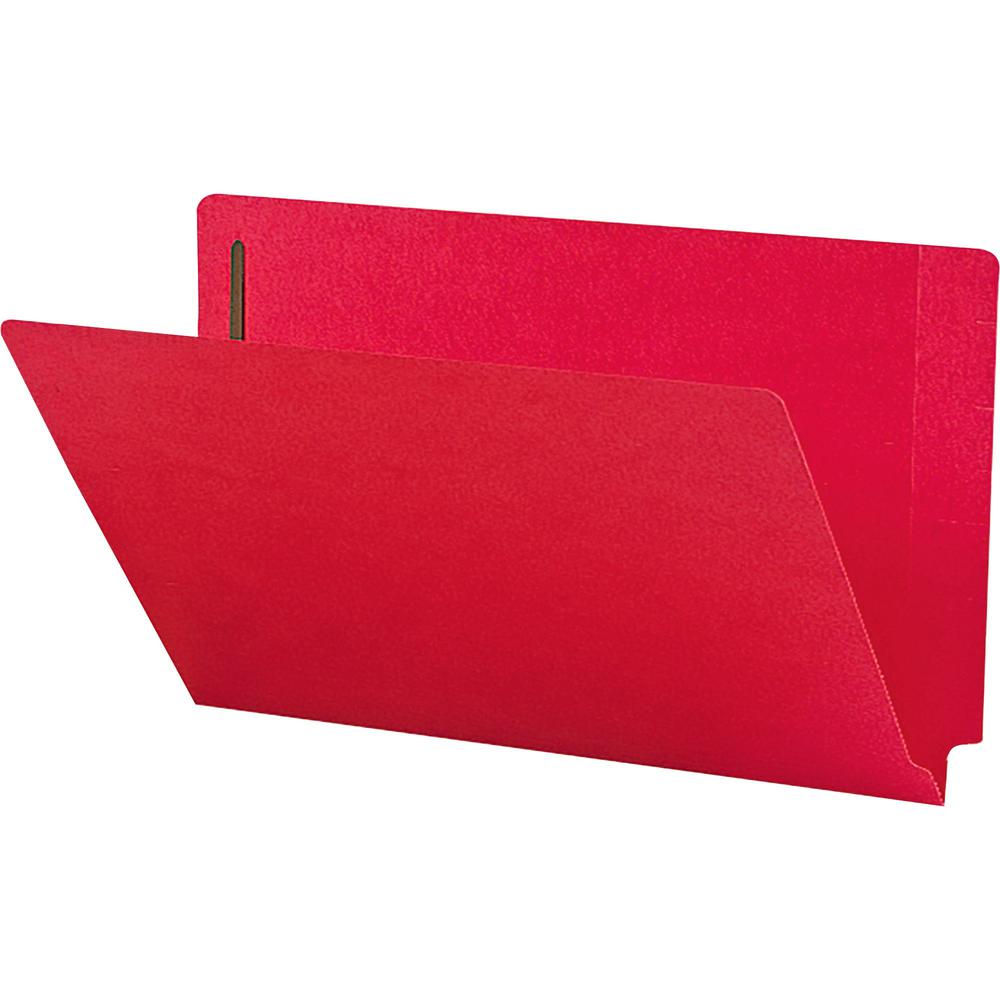 Smead Colored Straight Tab Cut Legal Recycled Fastener Folder - 8 1/2" x 14" - 3/4" Expansion - 2 x 2B Fastener(s) - 2" Fastener Capacity for Folder - End Tab Location - Red - 10% Recycled - 50 / Box. Picture 1