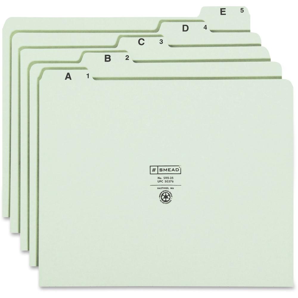Smead 1/5 Tab Cut Letter Recycled Top Tab File Folder - 8 1/2" x 11" - Assorted Position Tab Position - Pressboard - Green - 100% Recycled - 25 / Set. Picture 1