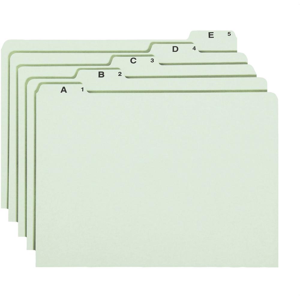 Smead 1/5 Tab Cut Legal Recycled Top Tab File Folder - 8 1/2" x 14" - Top Tab Location - Assorted Position Tab Position - Pressboard - Green - 100% Recycled - 25 / Set. Picture 1