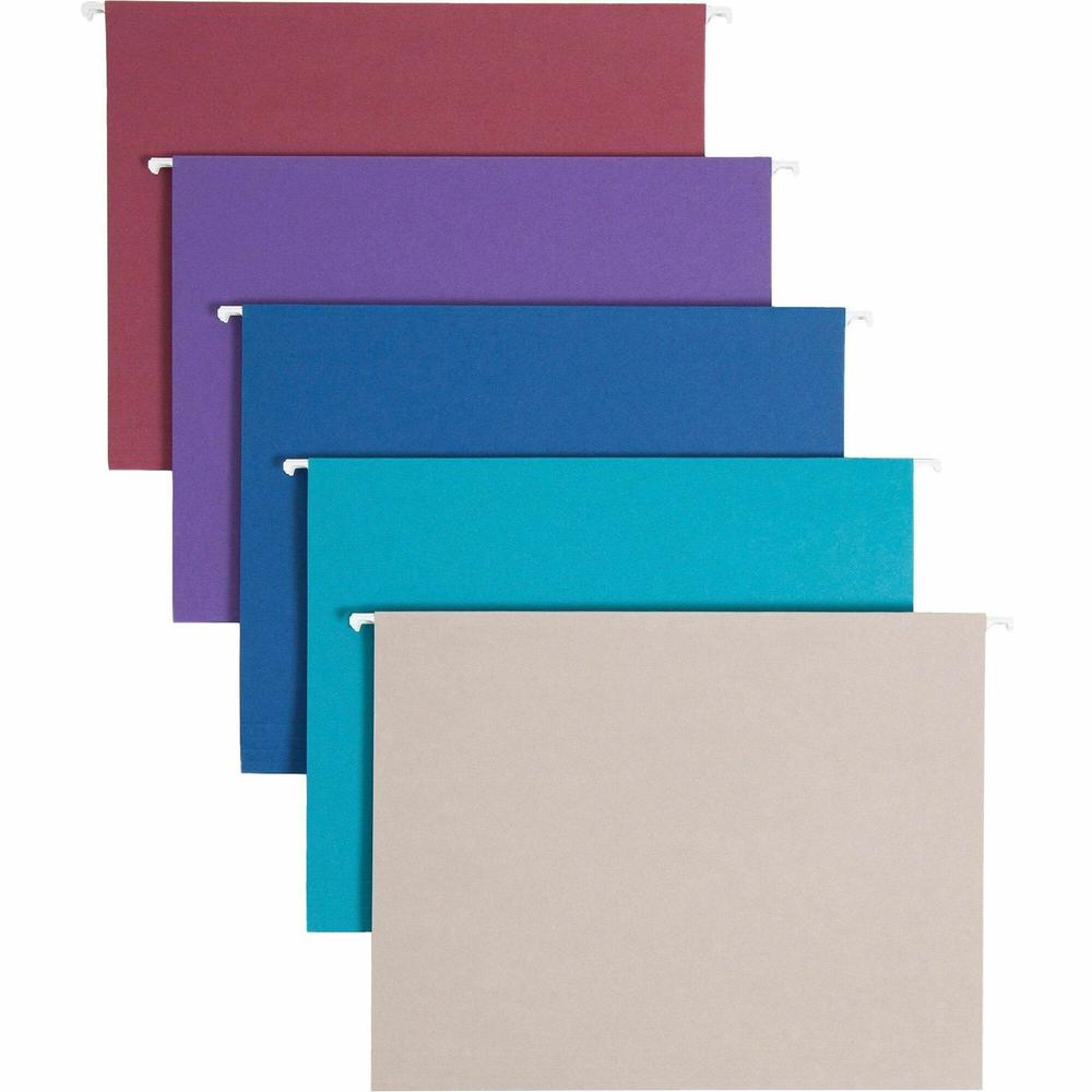 Smead Colored 1/5 Tab Cut Letter Recycled Hanging Folder - 8 1/2" x 11" - Top Tab Location - Assorted Position Tab Position - Gray, Maroon, Navy, Purple, Teal - 10% Recycled - 25 / Box. Picture 1