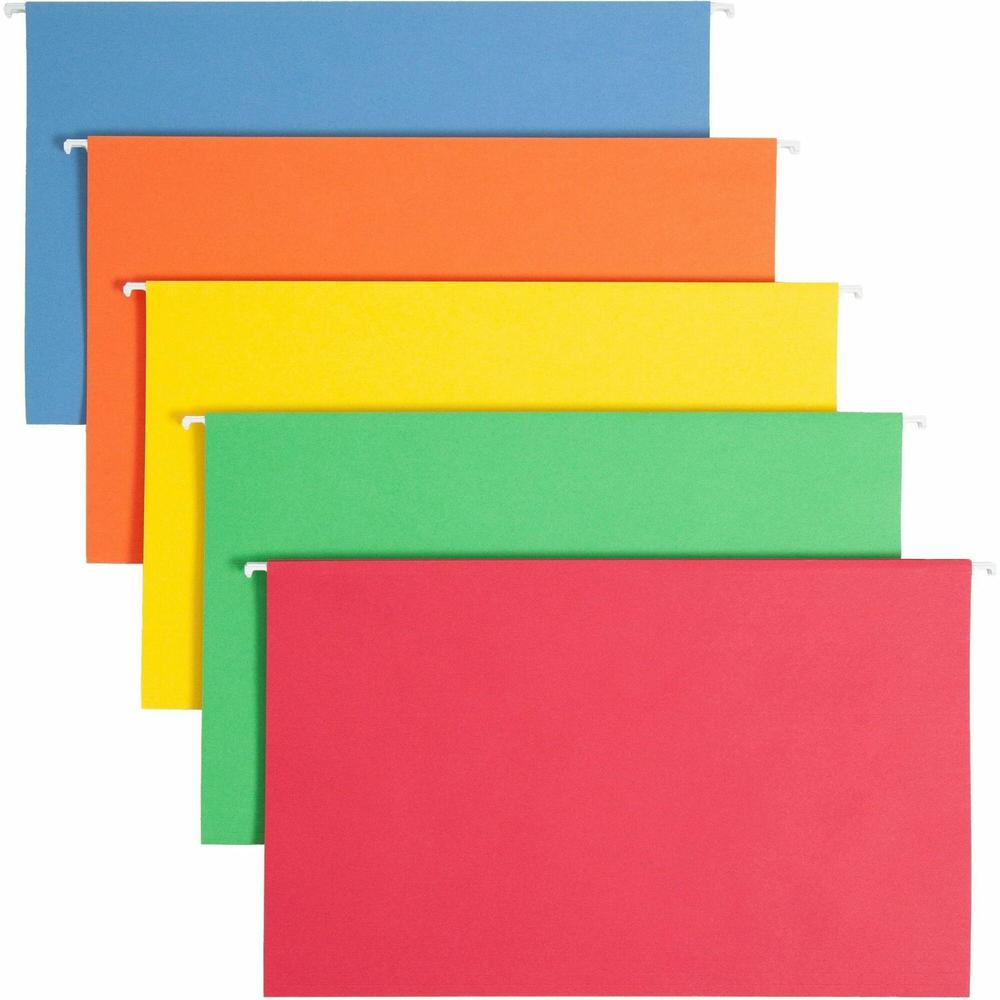 Smead 1/5 Tab Cut Legal Recycled Hanging Folder - 8 1/2" x 14" - Top Tab Location - Assorted Position Tab Position - Blue, Green, Orange, Red, Yellow - 10% Recycled - 25 / Box. Picture 1