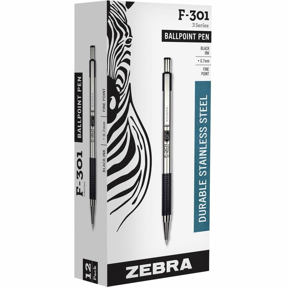 Zebra Pen F-301 Stainless Steel Ballpoint Pens - Fine Pen Point - 0.7 mm Pen Point Size - Refillable - Retractable - Black - Stainless Steel Stainless Steel Barrel - 1 Dozen. Picture 1