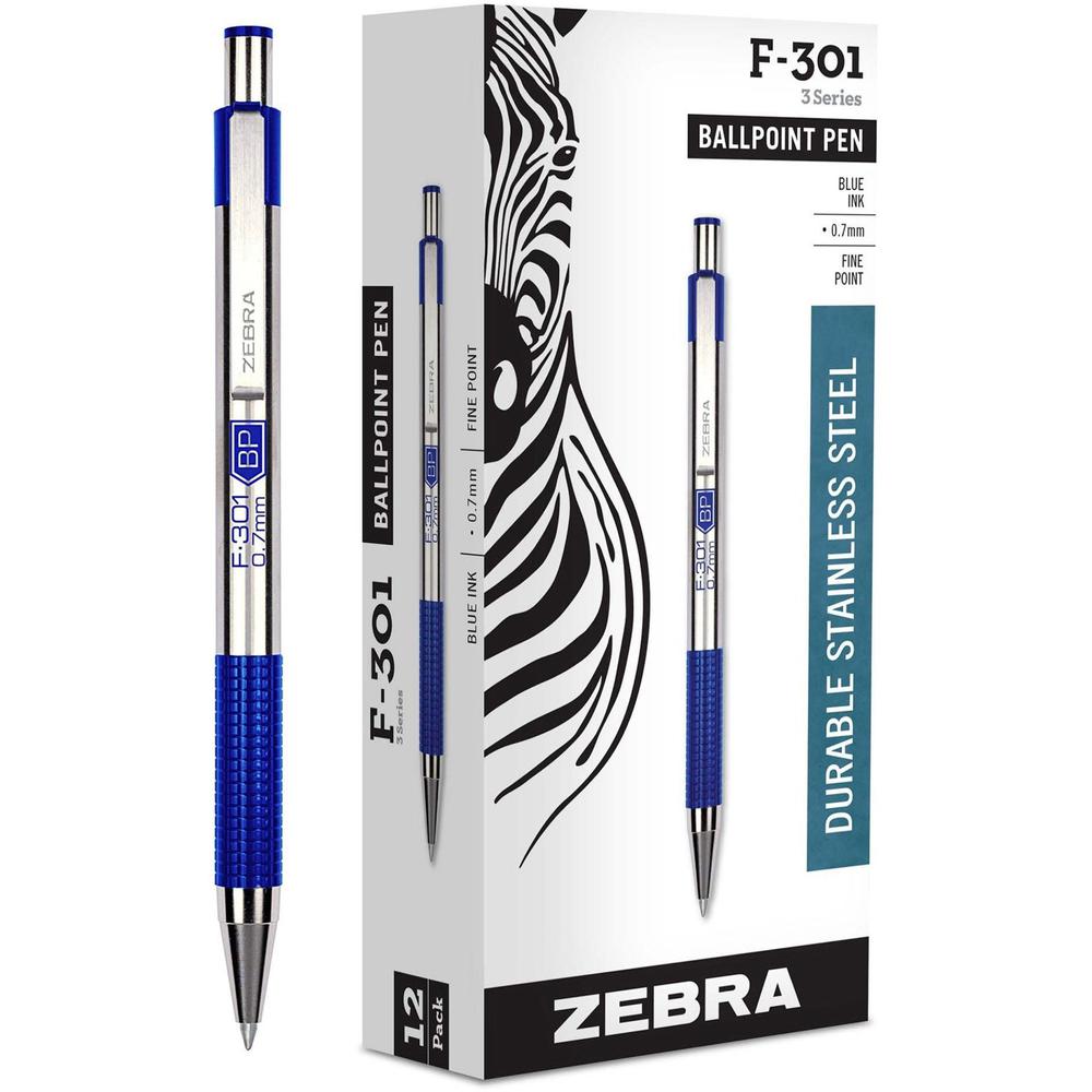 Zebra Pen BCA F-301 Stainless Steel Ballpoint Pens - Fine Pen Point - 0.7 mm Pen Point Size - Refillable - Retractable - Blue - Stainless Steel Stainless Steel Barrel - 12 / Dozen. Picture 1