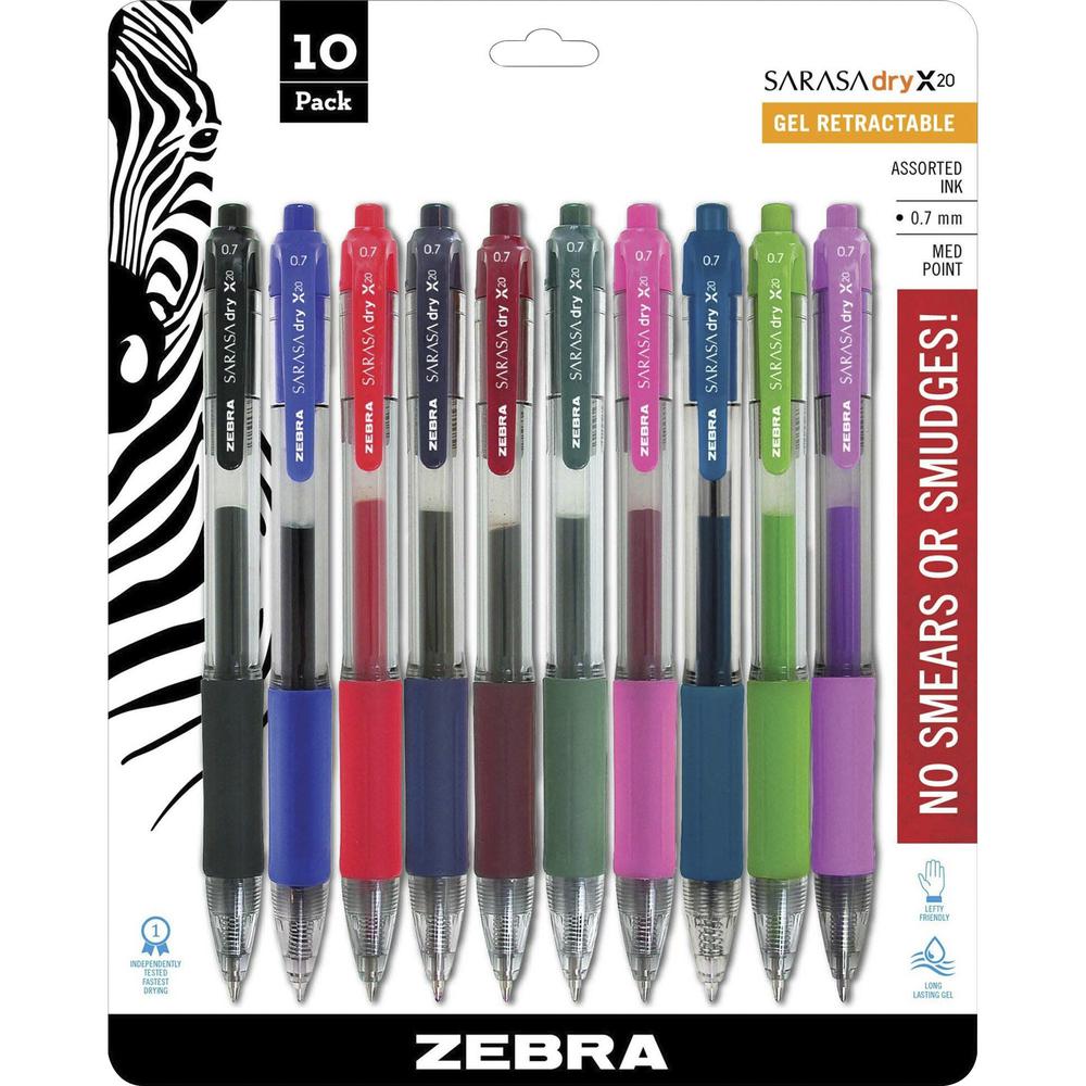 Zebra SARASA dry X20 Retractable Gel Pen - Medium Pen Point - Refillable - Retractable - Assorted Pigment-based Ink - Translucent Barrel - 10 / Set. Picture 1