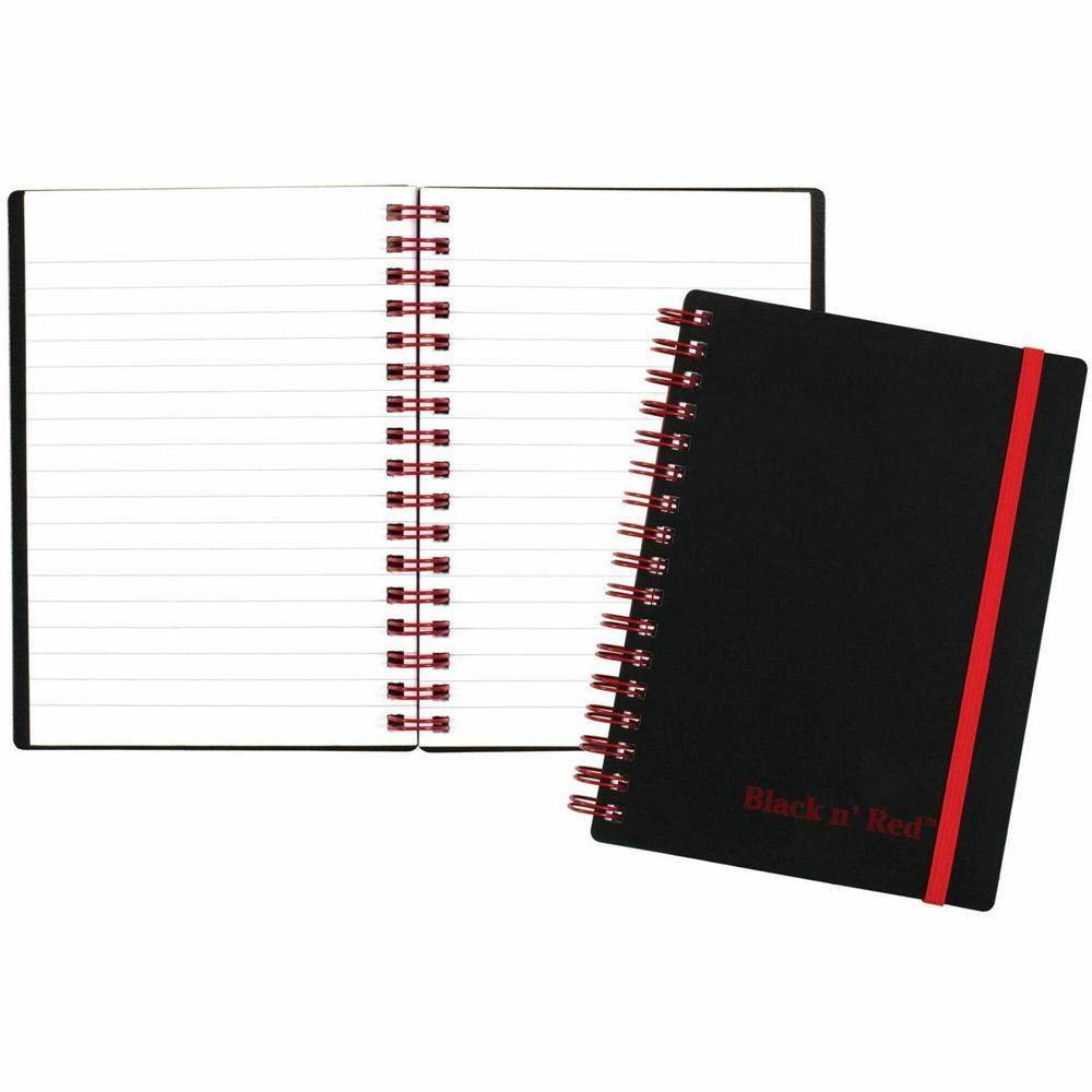 Black n' Red Business Notebook - 70 Sheets - Double Wire Spiral - 24 lb Basis Weight - A6 - 4 1/8" x 5 7/8" - White Paper - Red Binding - BlackPolypropylene Cover - Perforated, Wipe-clean Cover, Strap. Picture 1