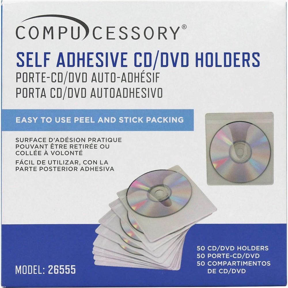 Compucessory Self-Adhesive Poly CD/DVD Holders - 1 x CD/DVD Capacity - White - Polypropylene - 50 / Pack. Picture 1