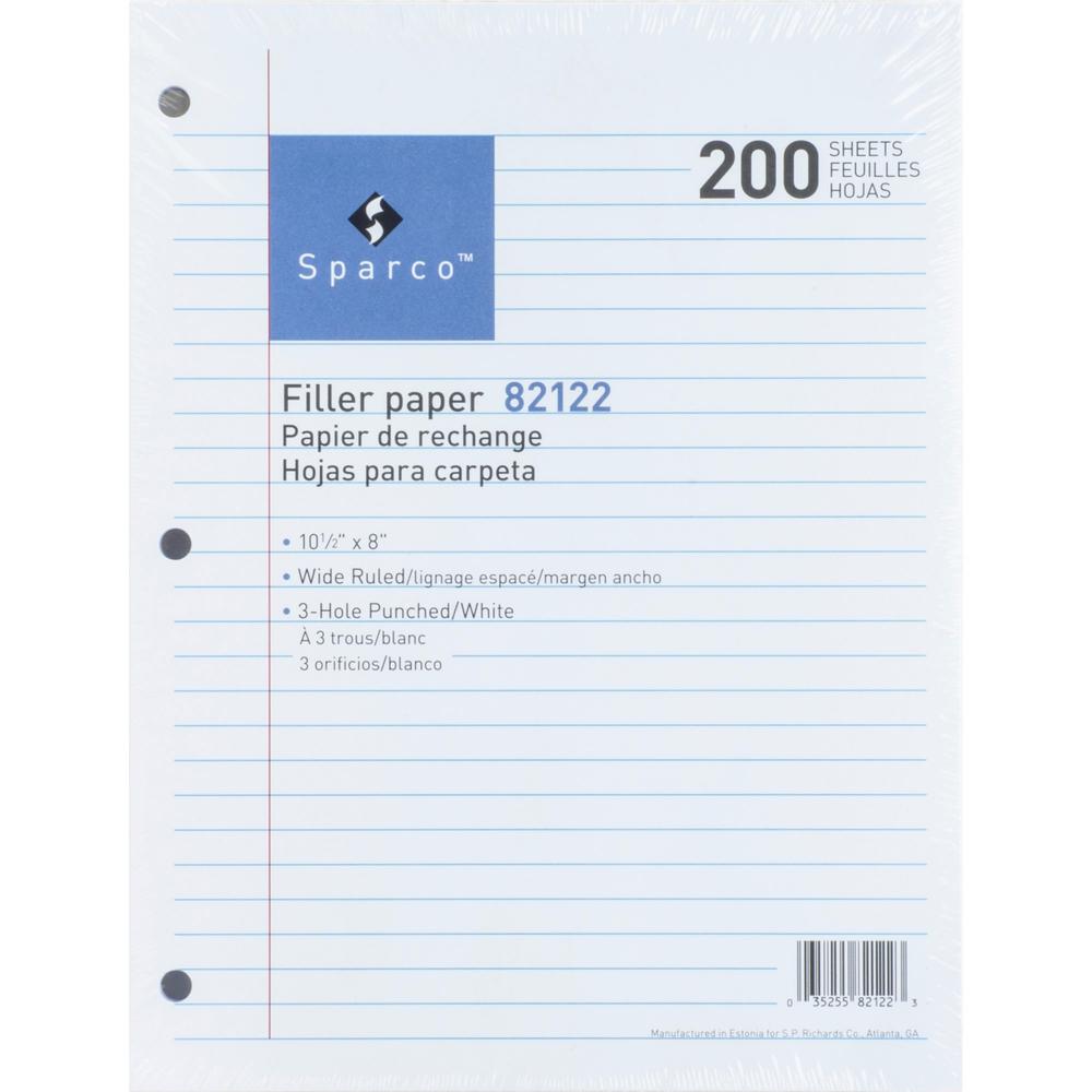 Sparco Standard White 3HP Filler Paper - 200 Sheets - Wide Ruled - Ruled Red Margin - 16 lb Basis Weight - 8" x 10 1/2" - White Paper - Bleed-free - 200 / Pack. Picture 1
