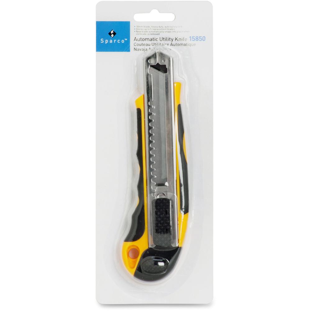 Sparco Automatic Utility Knife - Metal Blade - Heavy Duty - Acrylonitrile Butadiene Styrene (ABS) - Black, Yellow - 1 Each. Picture 1