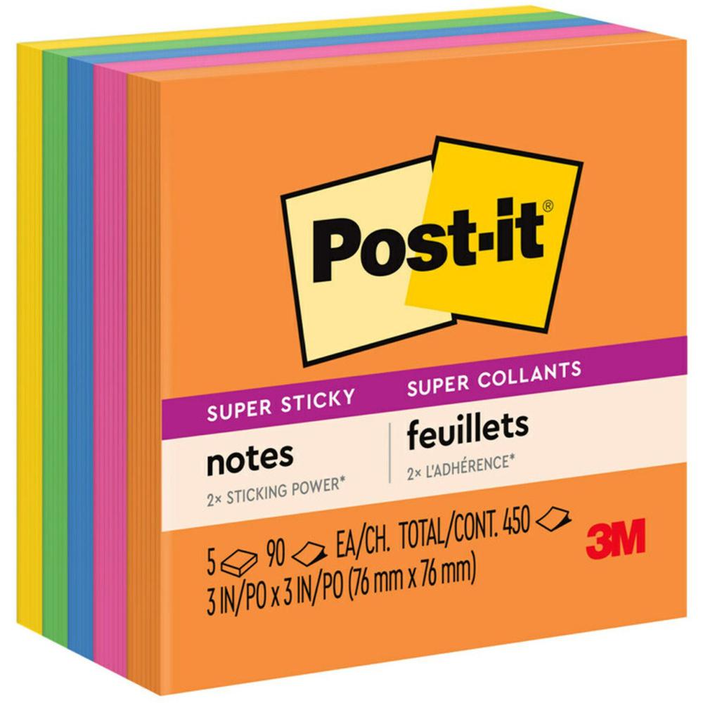 Post-it&reg; Super Sticky Notes - Energy Boost Color Collection - 450 - 3" x 3" - Square - 90 Sheets per Pad - Unruled - Vital Orange, Tropical Pink, Sunnyside, Blue Paradise, Limeade - Paper - Self-a. Picture 1