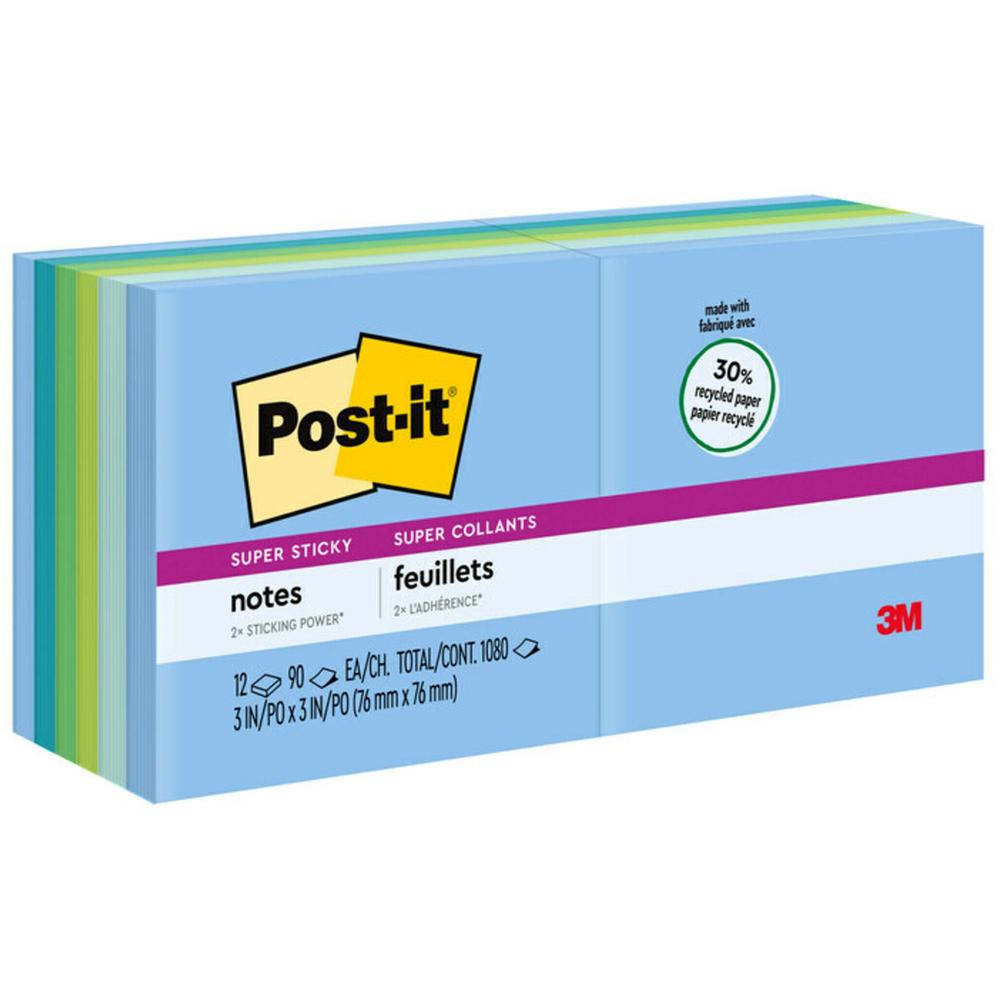Post-it&reg; Super Sticky Recycled Notes - Oasis Color Collection - 1080 - 3" x 3" - Square - 90 Sheets per Pad - Unruled - Washed Denim, Fresh Mint, Limeade, Lucky Green, Sea Glass - Paper - Self-adh. Picture 1