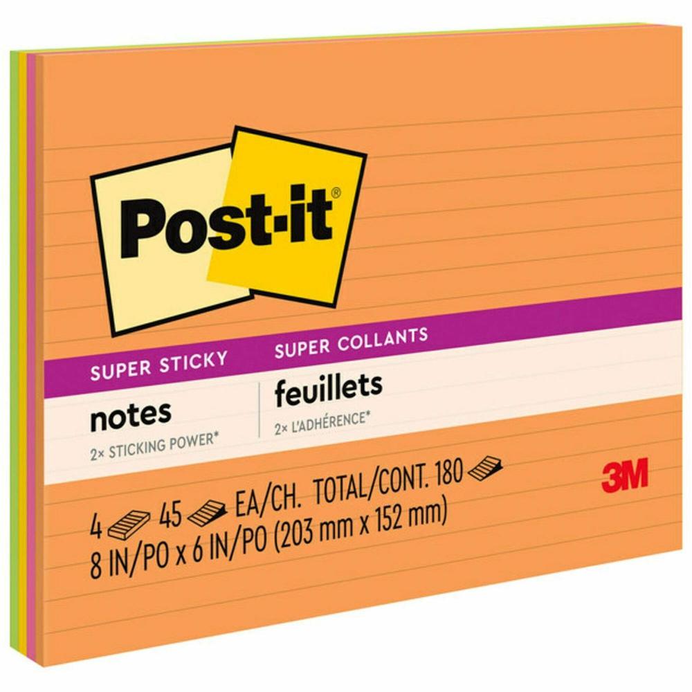 Post-it&reg; Super Sticky Lined Meeting Notepads - 180 - 6" x 8" - Rectangle - 45 Sheets per Pad - Ruled - Assorted - Paper - Self-adhesive - 4 / Pack. The main picture.