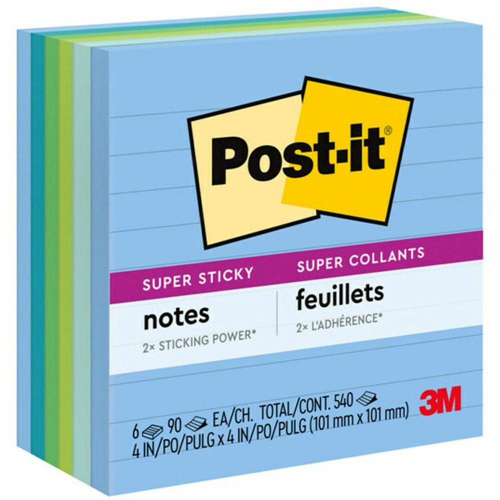 Post-it&reg; Super Sticky Lined Notes - Oasis Color Collection - 540 - 4" x 4" - Square - 90 Sheets per Pad - Ruled - Washed Denim, Fresh Mint, Limeade, Lucky Green, Sea Glass - Paper - Self-adhesive . Picture 1