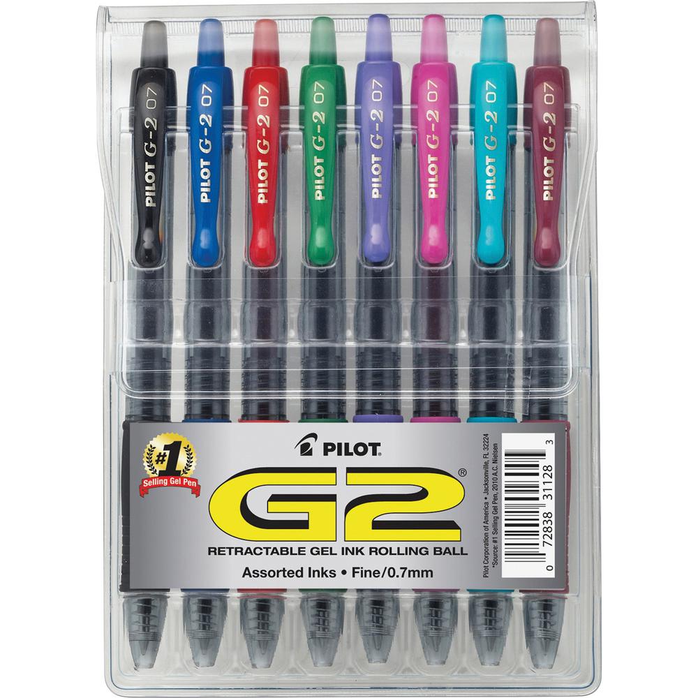Pilot G2 Retractable Gel Ink Rollerball Pens - Fine Pen Point - 0.7 mm Pen Point Size - Refillable - Retractable - Assorted Gel-based Ink - 8 / Pack. The main picture.