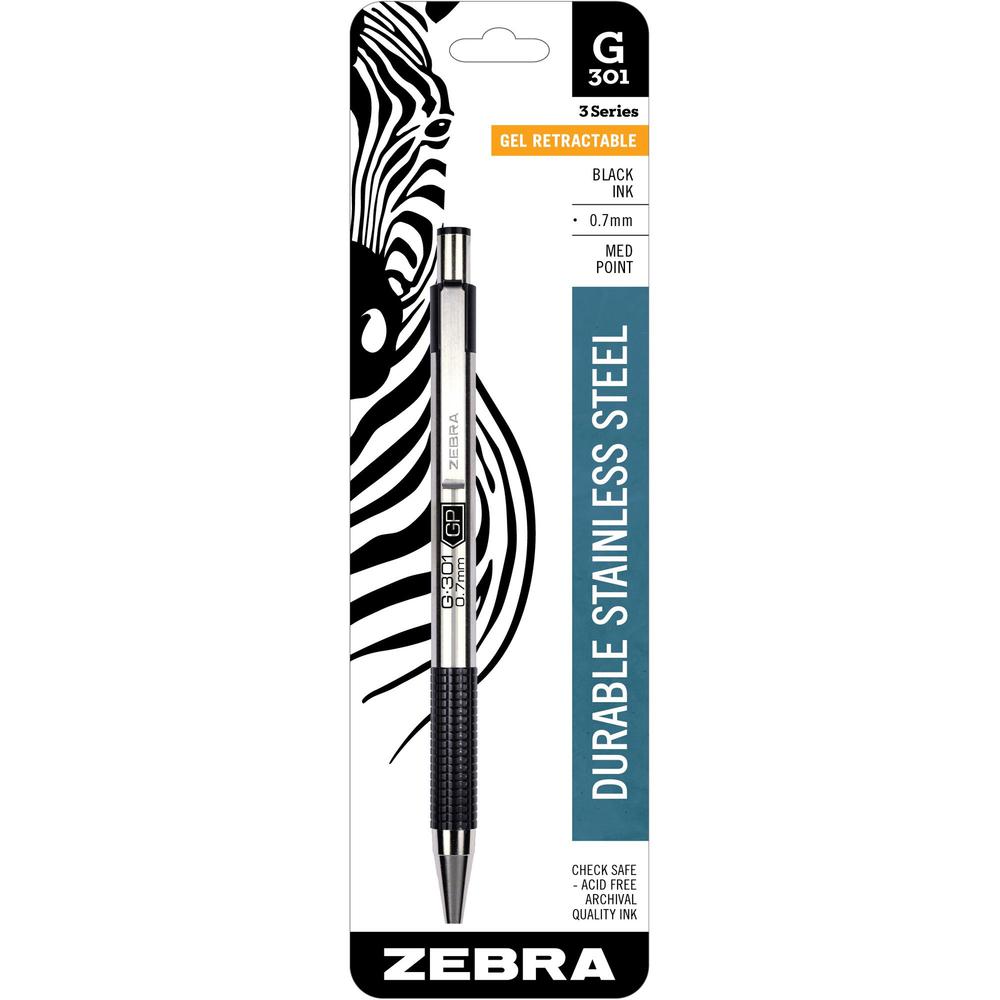 Zebra Pen G-301 Gel Retractable Pen - Medium Pen Point - 0.7 mm Pen Point Size - Refillable - Retractable - Black Gel-based Ink - Stainless Steel Barrel - 1 Each. Picture 1