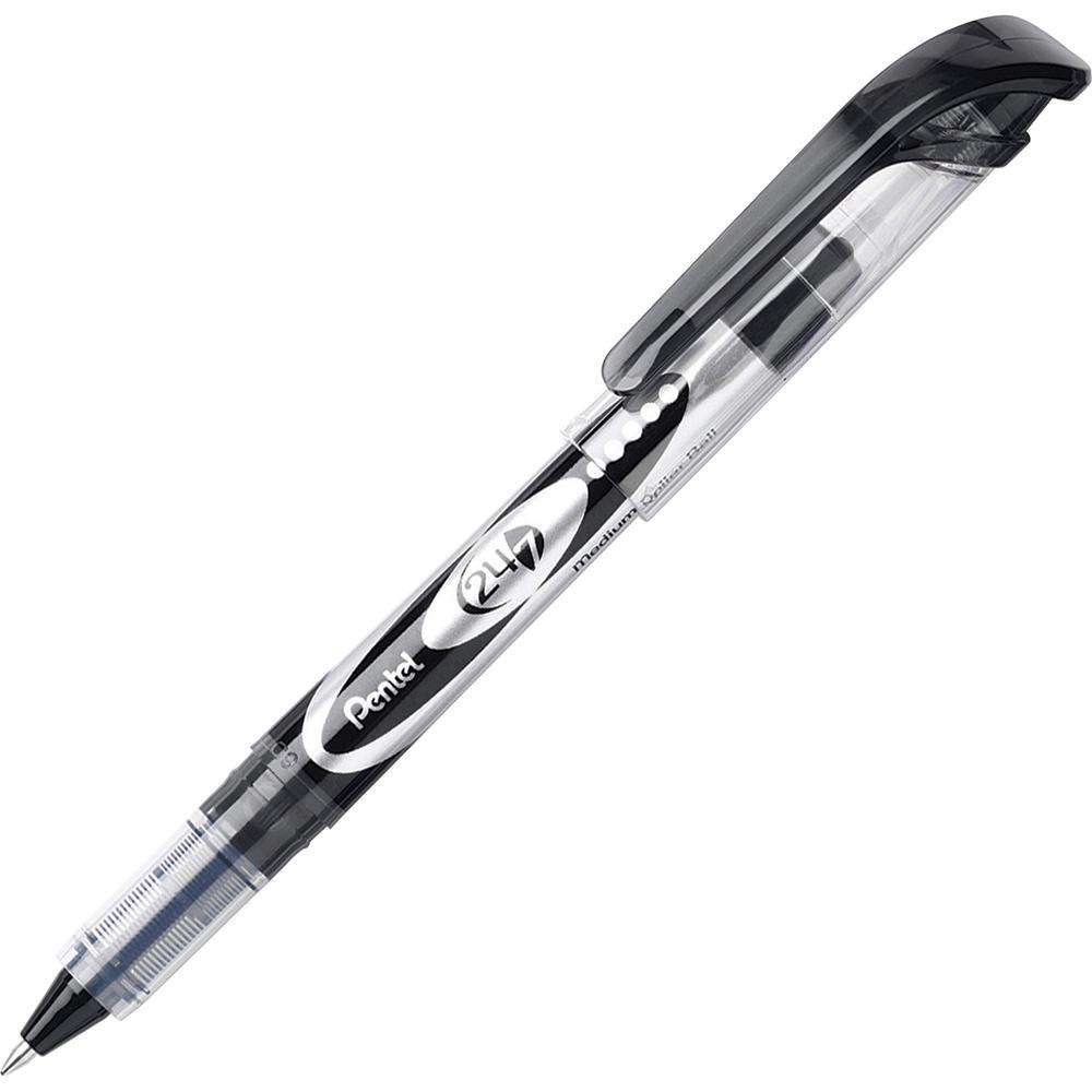Pentel 24/7 Rollerball Pens - Medium Pen Point - 0.7 mm Pen Point Size - Black Water Based Ink - Black Barrel - Metal Tip - 1 Dozen. Picture 1