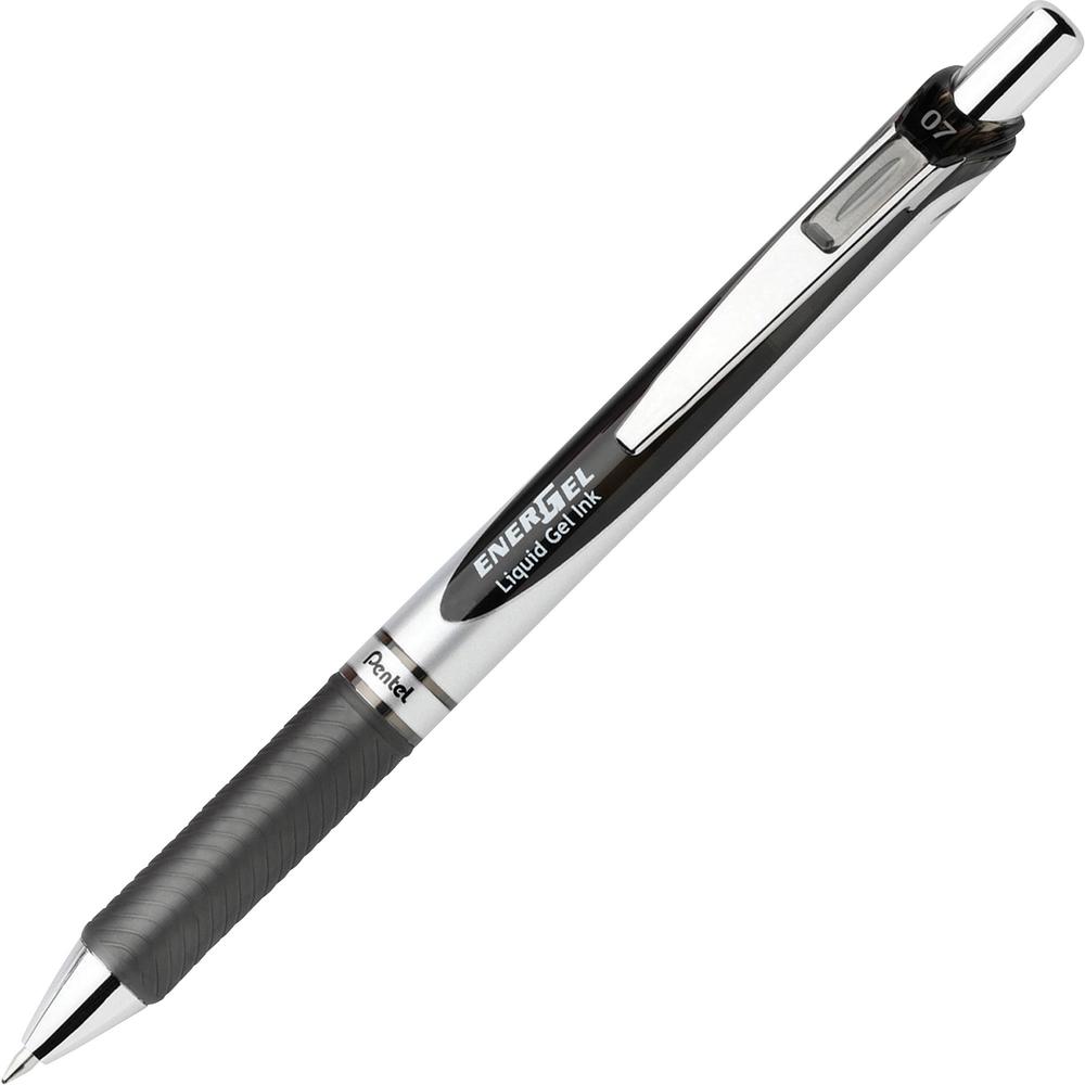 Pentel EnerGel RTX Liquid Gel Pen - Medium Pen Point - 0.7 mm Pen Point Size - Refillable - Retractable - Black Gel-based Ink - Silver Barrel - 1 Each. The main picture.