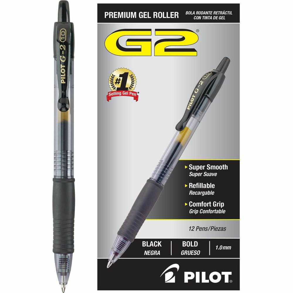 Pilot G2 Bold Point Retractable Gel Pens - Bold Pen Point - 1 mm Pen Point Size - Refillable - Retractable - Black Gel-based Ink - Clear Barrel - 1 Dozen. Picture 1