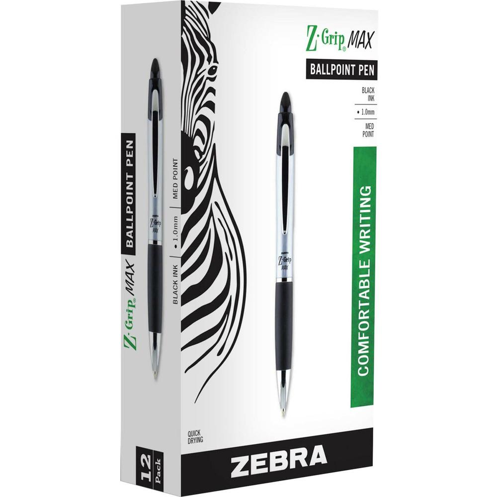 Zebra Z-grip Max Retractable Ballpoint Pens - Medium Pen Point - 1 mm Pen Point Size - Conical Pen Point Style - Retractable - Black - Gray Barrel - 1 Dozen. Picture 1