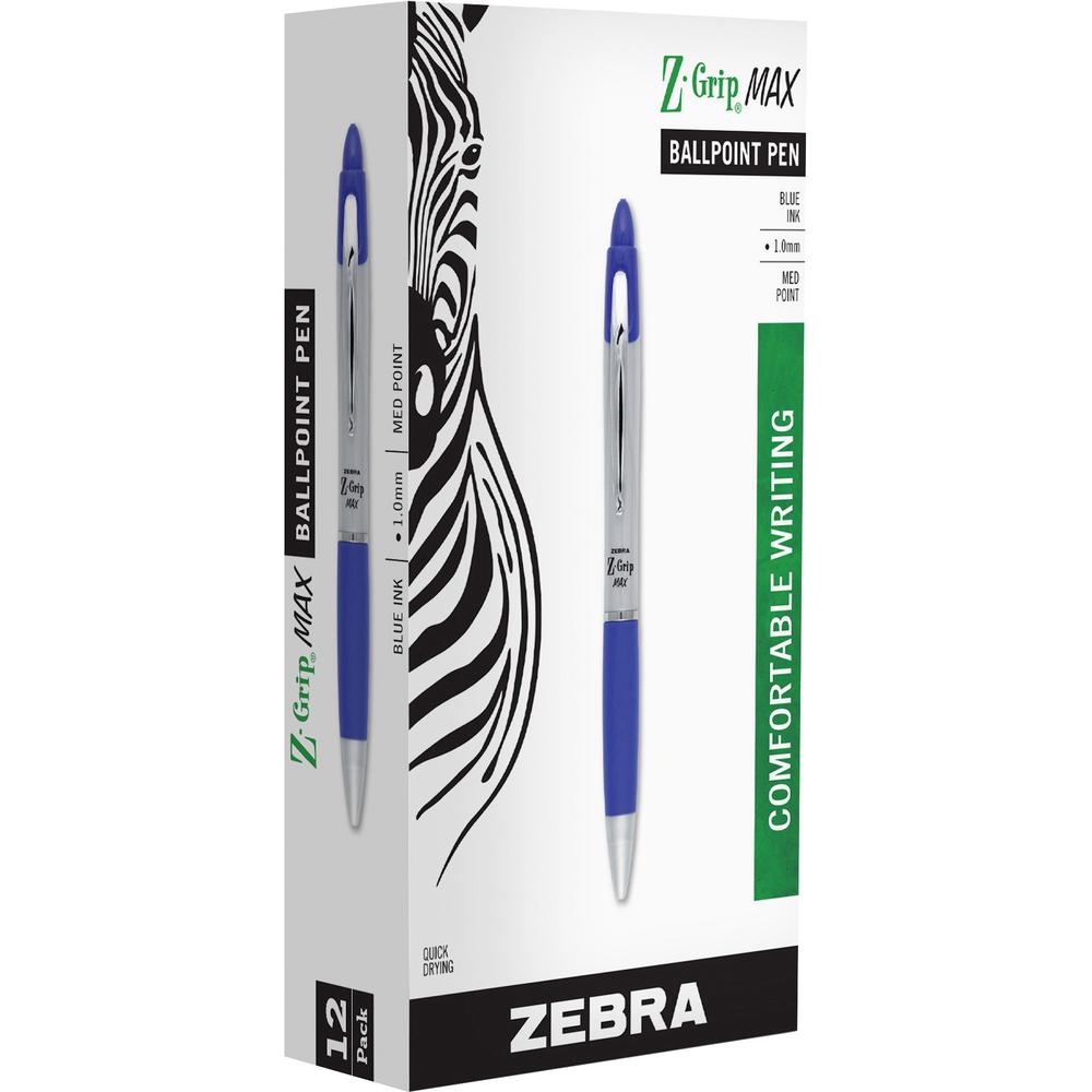Zebra Z-grip Max Retractable Ballpoint Pens - Medium Pen Point - 1 mm Pen Point Size - Retractable - Blue - Gray Barrel - 1 Dozen. Picture 1