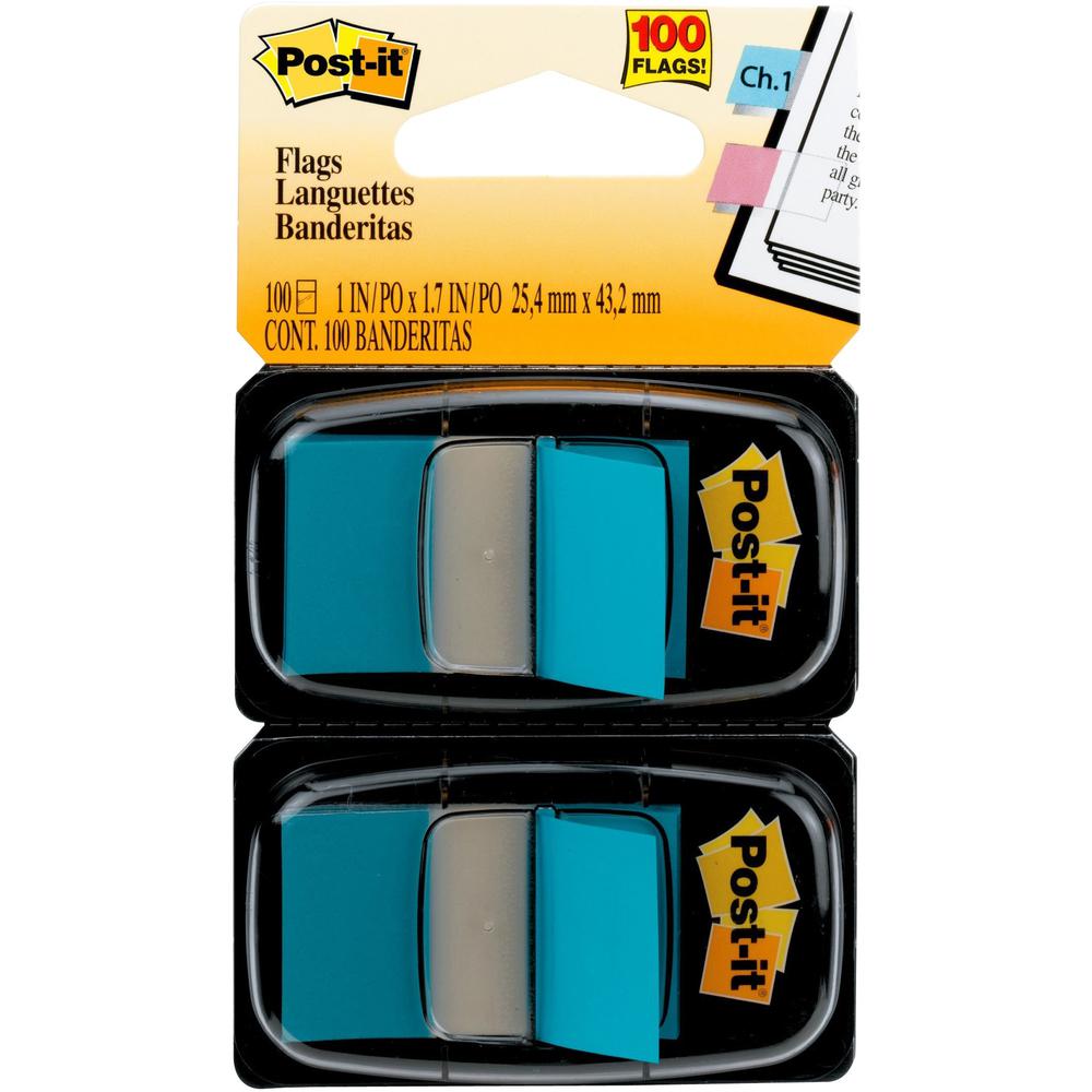 Post-it&reg; Flags - 2 Dispensers - 100 x Blue - 1" x 1.75" - Rectangle - Unruled - Blue - Removable, Tab - 100 / Pack. The main picture.
