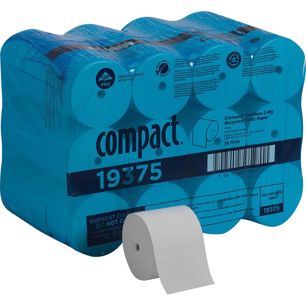 Compact Coreless Recycled Toilet Paper - 2 Ply - 4.05" x 3.85" - 1000 Sheets/Roll - White - Cleaning - For Restroom - 36 / Carton. Picture 1