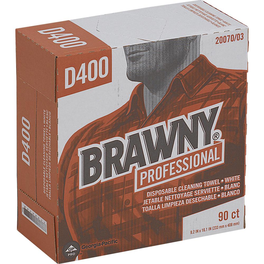 Brawny&reg; Professional D400 Disposable Cleaning Towels - 16.10" x 9.20" - White - Soft, Absorbent, Medium Duty - For Multipurpose - 90 / Box. Picture 1