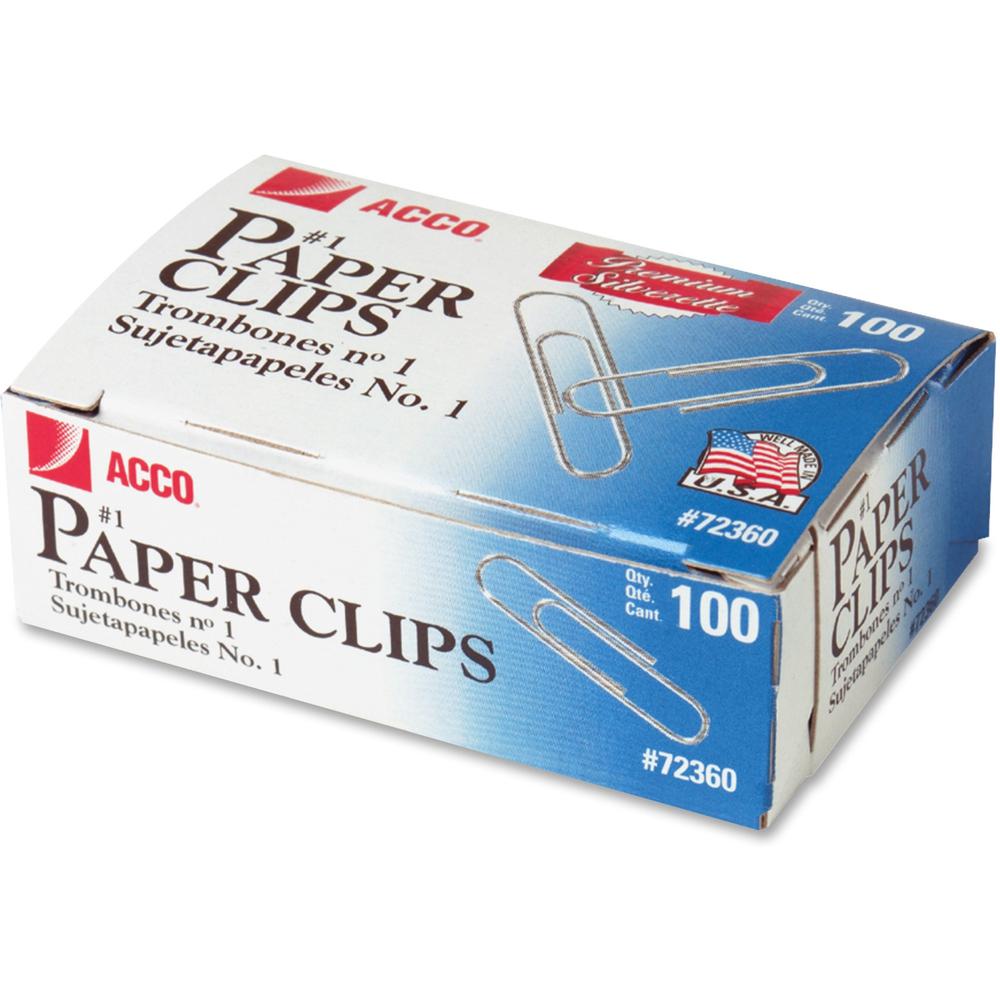 ACCO Premium Paper Clips - No. 1 - 10 Sheet Capacity - Galvanized, Corrosion Resistant - 10 / Pack - Silver - Metal, Zinc Plated. Picture 1