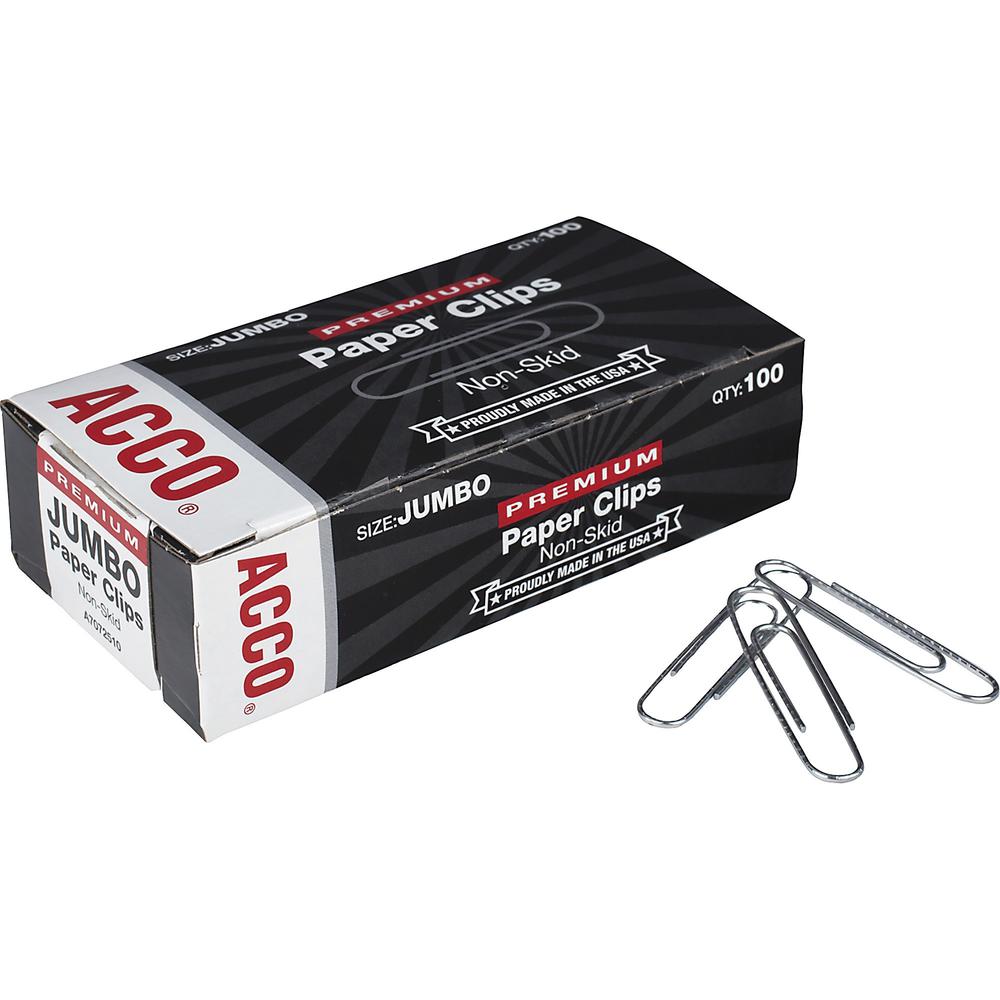 ACCO Premium Jumbo Non-Skid Paper Clips - Jumbo - 20 Sheet Capacity - Non-skid, Galvanized, Corrosion Resistant, Long Lasting - 1000 / Pack - Silver - Metal, Zinc Plated. Picture 1