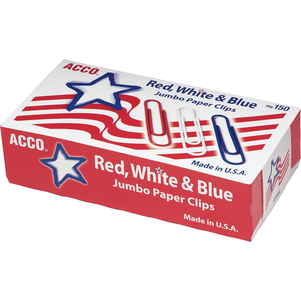 ACCO Jumbo Paper Clips - Jumbo - 20 Sheet Capacity - Snag Resistant, Reusable, Durable - 150 / Box - Red, White, Blue. Picture 1