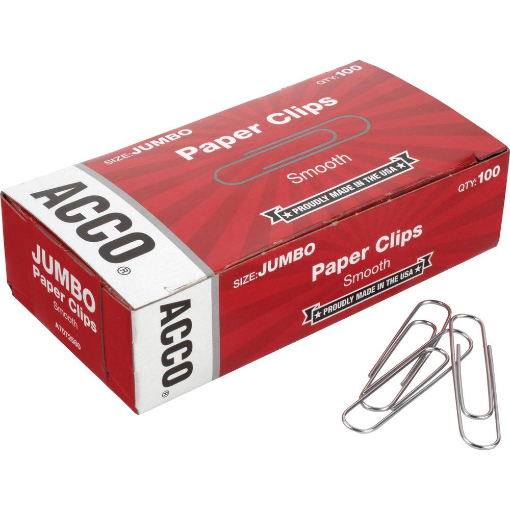 ACCO Economy Jumbo Smooth Paper Clips - Jumbo - No. 1 - 20 Sheet Capacity - Galvanized, Corrosion Resistant - 10 Pack - 100 Paper Clips per Box - Silver - Metal, Zinc Plated. Picture 1