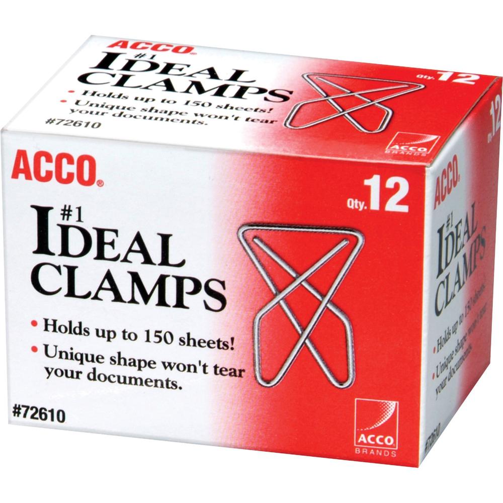 ACCO Ideal Paper Clamps - Large - No. 1 - 150 Sheet Capacity - 12 / Box - Silver. Picture 1