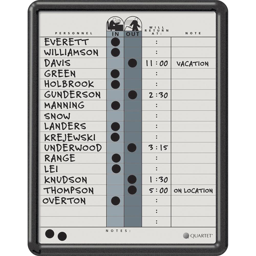 Quartet Classic In/Out Board - 14" Height x 11" Width - Gray Porcelain Surface - Magnetic, Durable, Stain Resistant, Dent Resistant, Ghost Resistant, Scratch Resistant - Black Frame - 1 Each. Picture 1