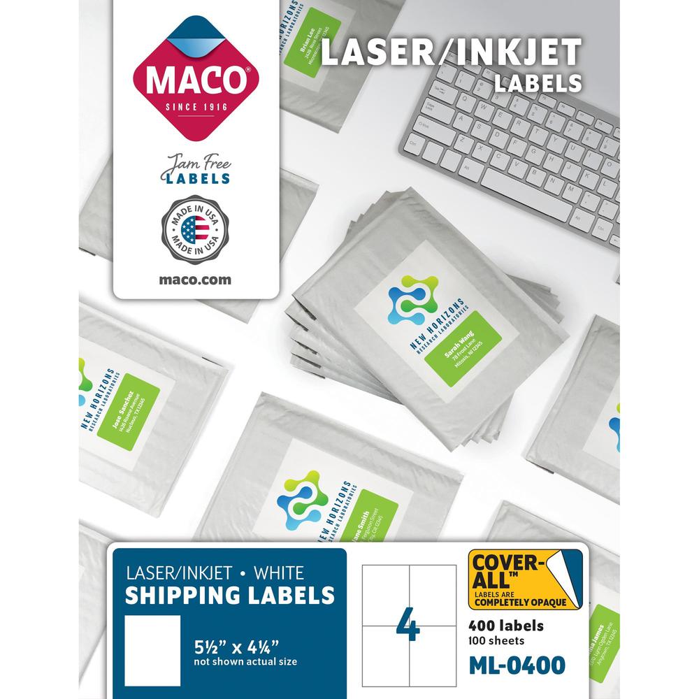 MACO White Laser/Ink Jet Shipping Label - 5 1/2" Width x 4 1/4" Length - Rectangle - Laser, Inkjet - White - 4 / Sheet - 400 / Box - Lignin-free. Picture 1