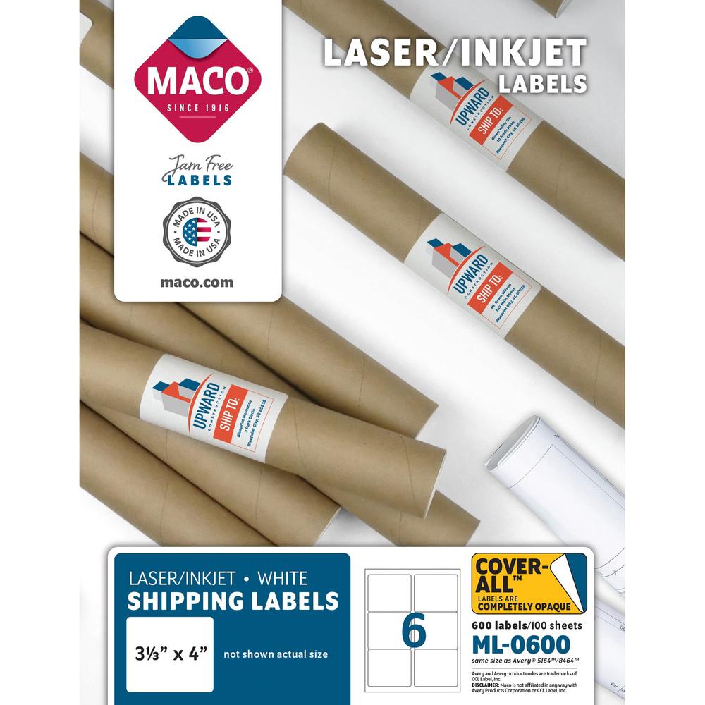 MACO White Laser/Ink Jet Shipping Label - 3 21/64" Width x 4" Length - Rectangle - Laser, Inkjet - White - 6 / Sheet - 600 / Box - Lignin-free. Picture 1