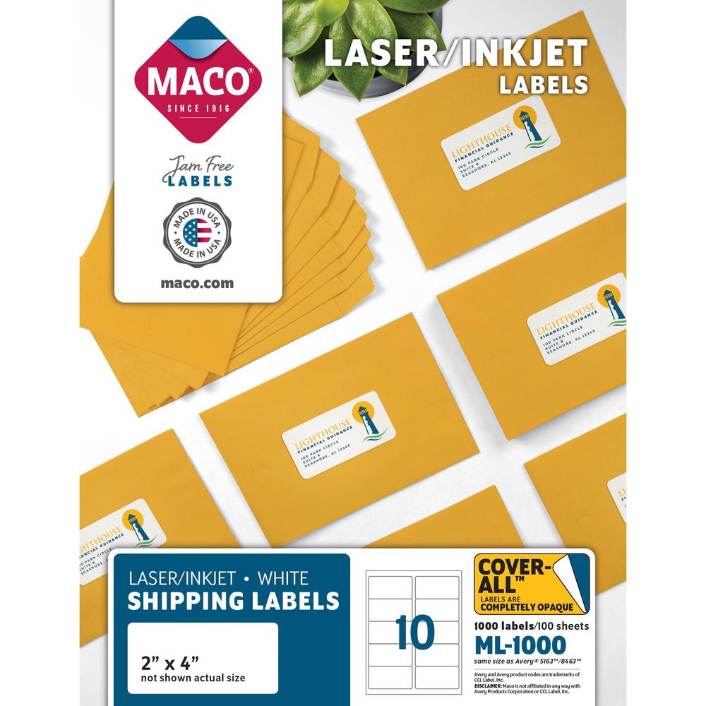 MACO White Laser/Ink Jet Shipping Label - 2" Width x 4" Length - Rectangle - Laser, Inkjet - White - 10 / Sheet - 1000 / Box - Lignin-free. Picture 1