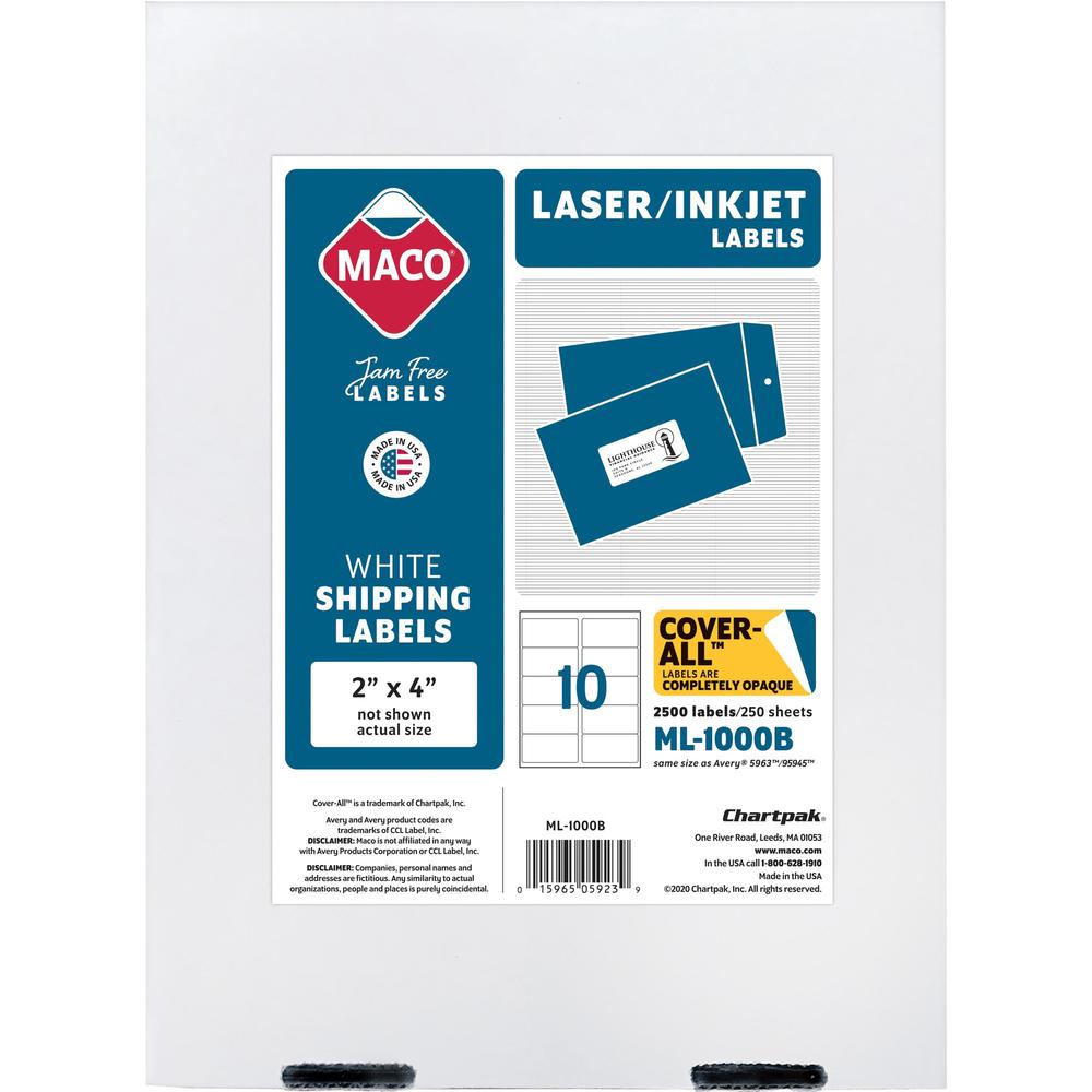 MACO White Laser/Ink Jet Shipping Label - 2" Width x 4" Length - Permanent Adhesive - Rectangle - Laser, Inkjet - White - 10 / Sheet - 2500 / Box - Lignin-free. Picture 1