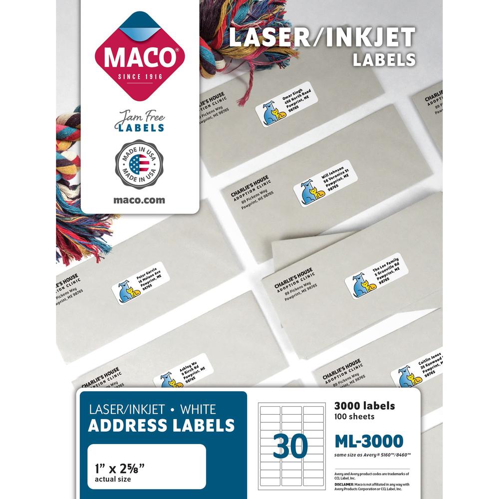 MACO White Laser/Ink Jet Address Label - 1" Width x 2 5/8" Length - Permanent Adhesive - Rectangle - Laser, Inkjet - White - 30 / Sheet - 3000 / Box - Lignin-free. Picture 1