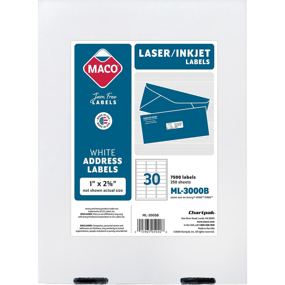 MACO White Laser/Ink Jet Address Label - 1" Width x 2 5/8" Length - Permanent Adhesive - Rectangle - Laser, Inkjet - White - 30 / Sheet - 7500 / Box - Lignin-free. Picture 1