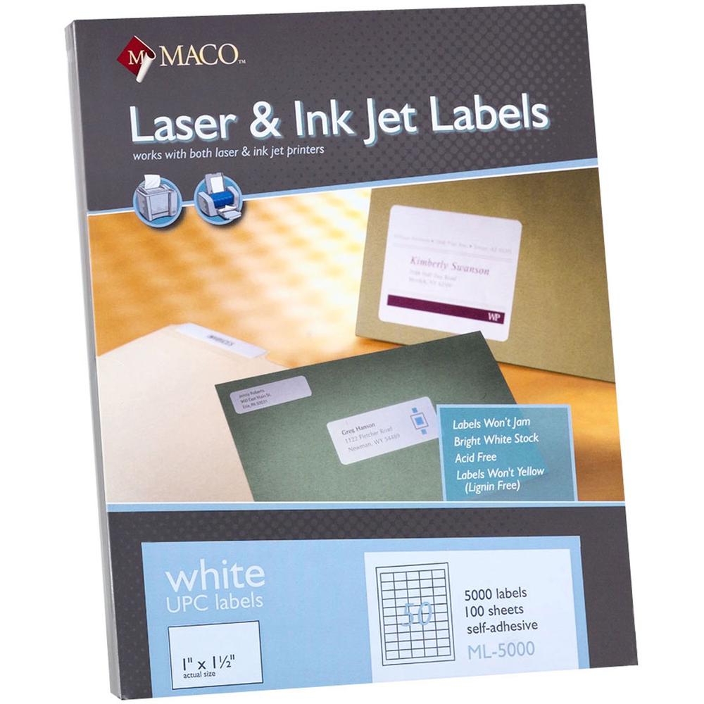MACO Laser/Ink Jet White UPC Labels - 1" Width x 1 1/2" Length - Permanent Adhesive - Rectangle - Laser, Inkjet - White - 50 / Sheet - 5000 / Box - Lignin-free. Picture 1