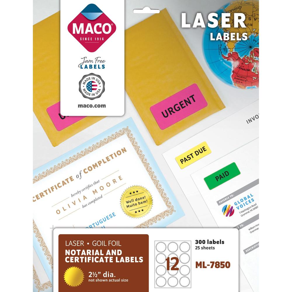 MACO Laser Gold Foil Notarial & Certificate Labels - Round - 2.50" Diameter - Self-adhesive, Permanent - Gold - 300 / Pack. Picture 1