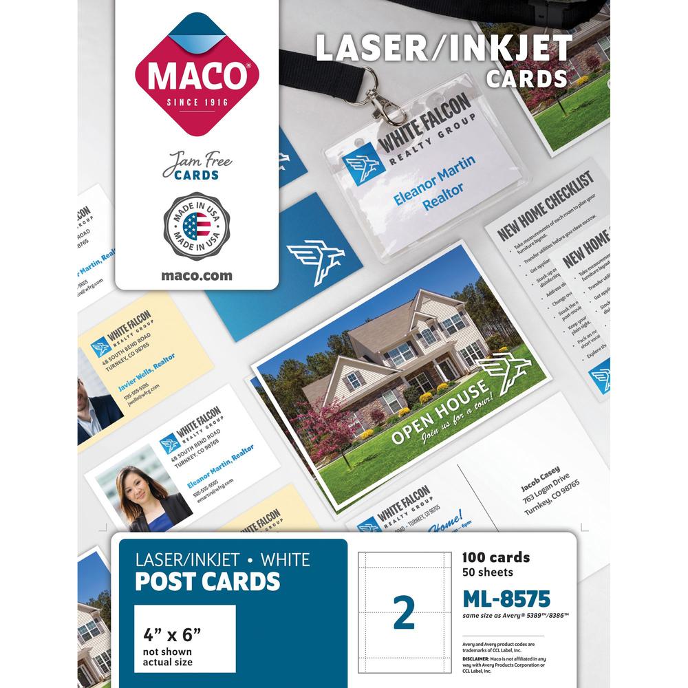 MACO Micro-perforated Laser/Ink Jet Post Cards - 6" x 4" - 100 / Box - Micro Perforated - White. Picture 1