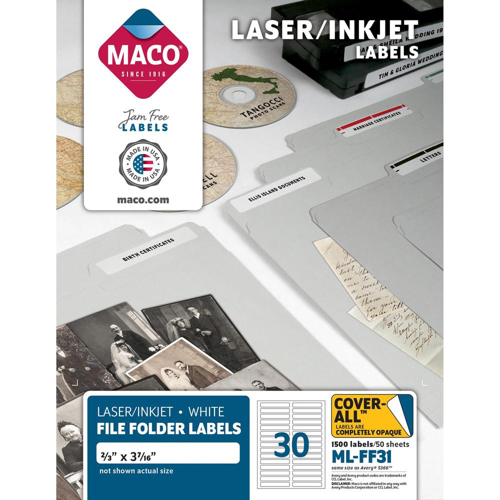 Maco Assorted Laser/Inkjet File Folder Labels - 43/64" Width x 3 7/16" Length - Permanent Adhesive - Inkjet, Inkjet - White - 30 / Sheet - 1500 / Box. Picture 1
