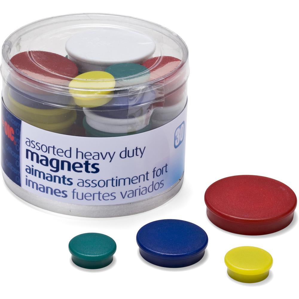 Officemate Heavy-Duty Assorted Magnets, 30/Tub - 12 x Small, 12 x Medium, 6 x Large - 1 Each - Red, Yellow, White, Blue, Green. Picture 1