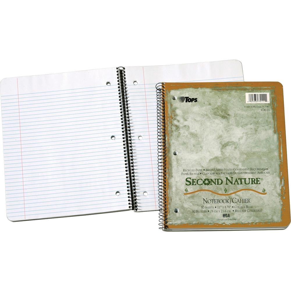 TOPS Second Nature College Rule Spiral Notebooks - Letter - 80 Sheets - Coilock - 8 1/2" x 11" - White Paper - Subject - Recycled - 1 Each. The main picture.