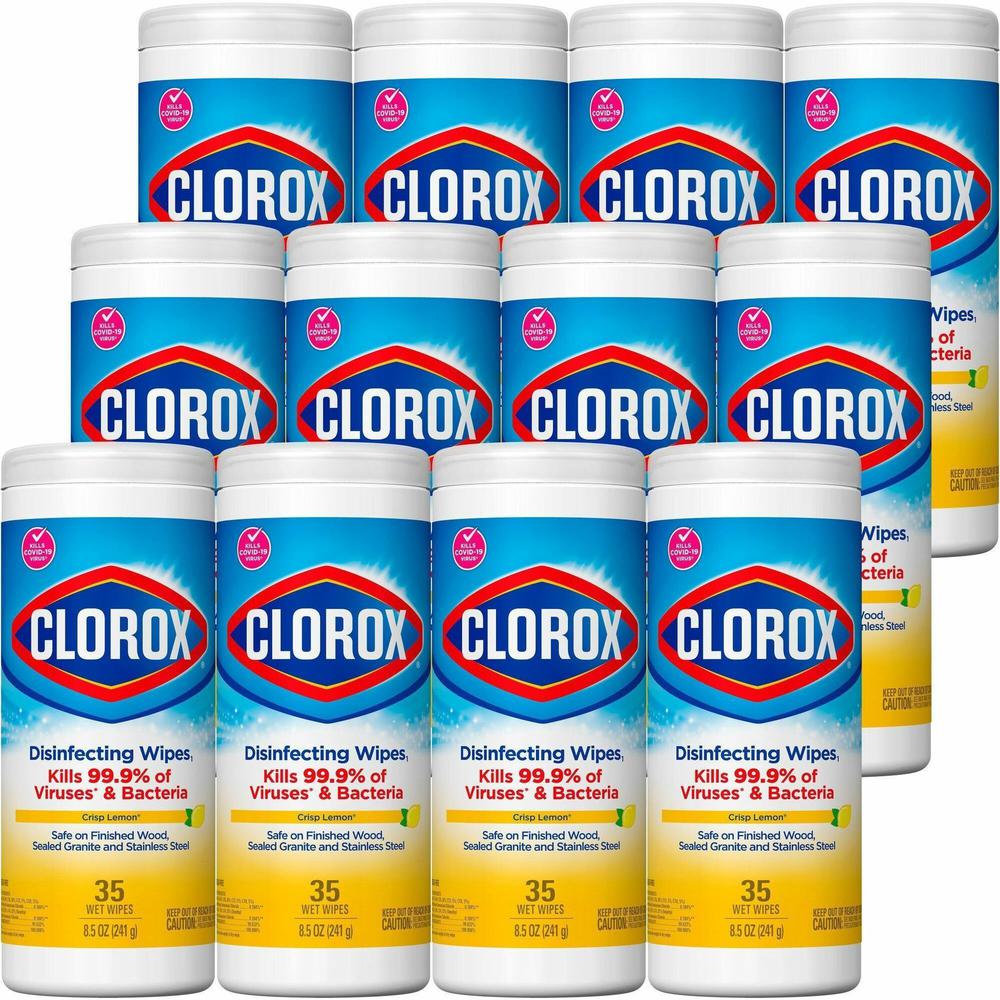 Clorox Disinfecting Cleaning Wipes - Ready-To-Use - Crisp Lemon Scent - 7" Length x 8" Width - 35 / Canister - 12 / Carton - Pleasant Scent, Disinfectant, Pre-moistened, Bleach-free - Yellow. Picture 1