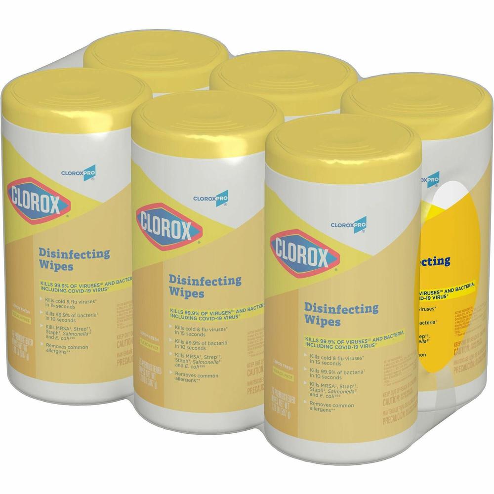 CloroxPro&trade; Disinfecting Wipes - For Multipurpose - Ready-To-Use - Lemon Fresh Scent - 75 / Canister - 6 / Carton - Pleasant Scent, Disinfectant, Pre-moistened, Textured, Streak-free, Bleach-free. Picture 1