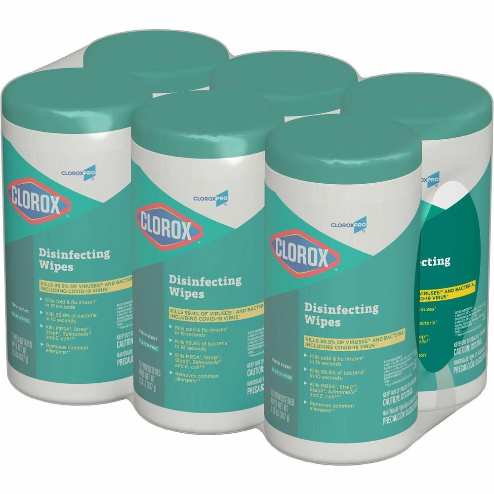 CloroxPro&trade; Disinfecting Wipes - For Hard Surface, Glass, Mirror - Ready-To-Use - Fresh Scent - 75 / Canister - 6 / Carton - Pleasant Scent, Disinfectant, Pre-moistened, Textured, Streak-free, Bl. Picture 1